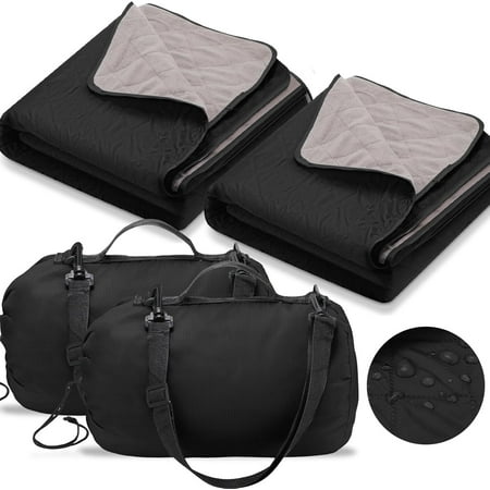 2 Large Outdoor Blanket 78'' x 55'' Quilted Windproof Waterproof Fleece Sandproof Stadium Foldable Warm Blanket for Camping Picnic Sporting Events Cold Weather (Black)