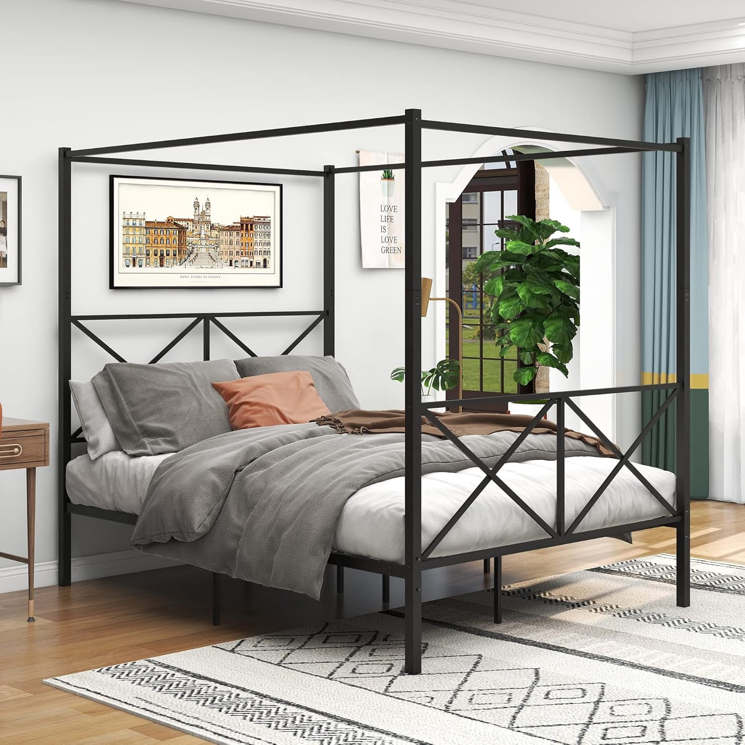Leumius Queen Metal Canopy Bed Frame,Platform Bed Frame Queen with X Shaped Frame,Black