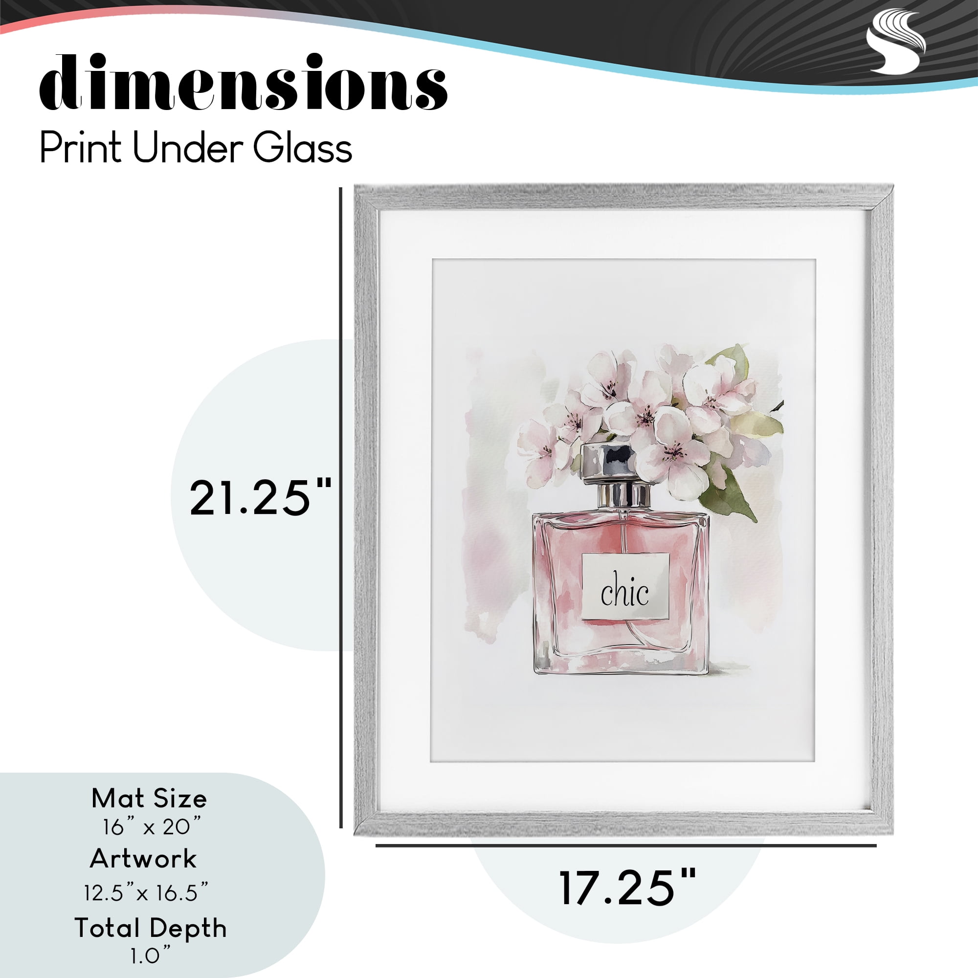 Cherry Blossom Chic Perfume Gray Framed Print Under Glass, design by Christine Simpson Art