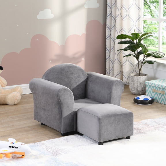 Kids Chair,Kids Upholstered Couch with Ottoman,Gray Velvet Furniture Youth Kids Baby Furniture