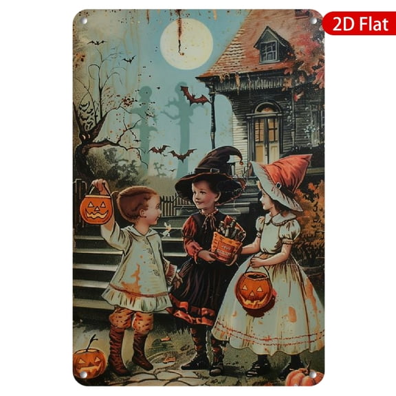 1pc Metal Wall Sign, 8x12 Inches, Vintage Halloween Design Featuring Kids in Costumes with Pumpkins, Rustproof & UV Protected, Perfect for Home Decor, Porch, Garden, or Halloween Party