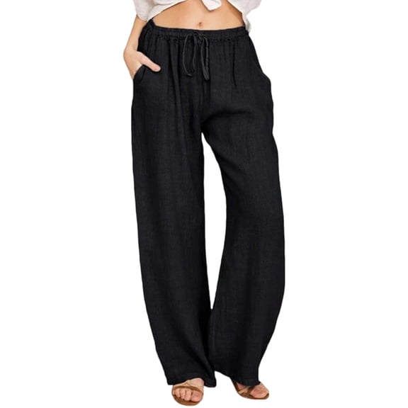 Women'S Cotton Linen Drawstring High Waisted Pants Casual Loose Fit Wide Leg Trousers Black L