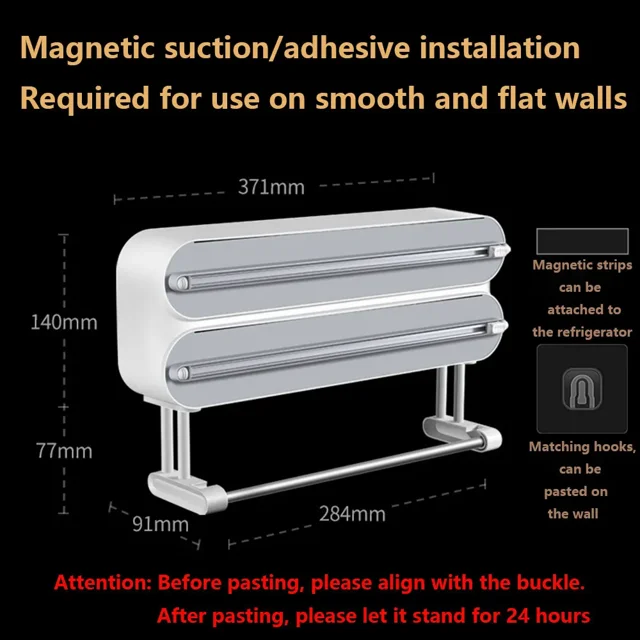 Dispensador grande de película transparente para alimentos, cortador de envoltura de plástico montado en la pared, dispensador de papel de aluminio, organizador de accesorios de cocina, 4 en 1