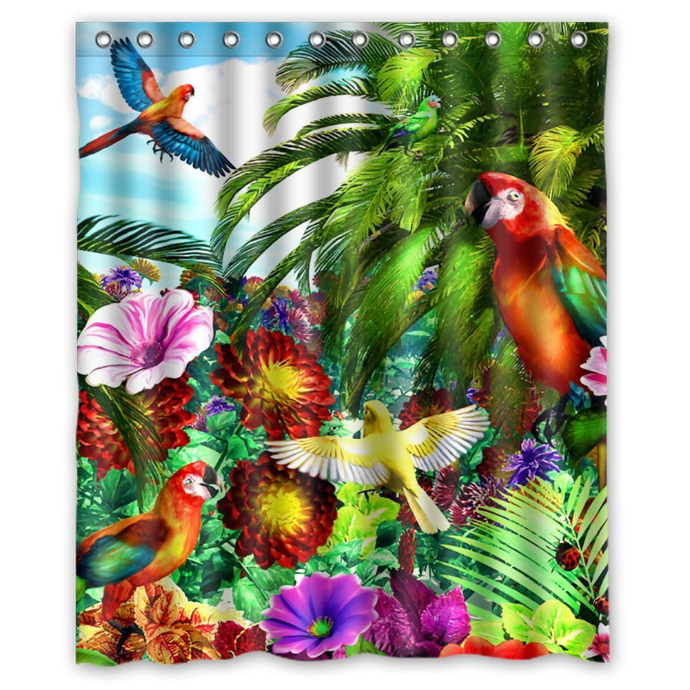 GreenDecor Parrot Waterproof Shower Curtain Set with Hooks Bathroom