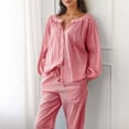 thumbnail image 4 of Women Gingham Pajama Sets Ruffle Long Sleeve Button Down Shirt and Pants Y2K Pjs Lounge Set Sleepwear with Pockets, 4 of 9