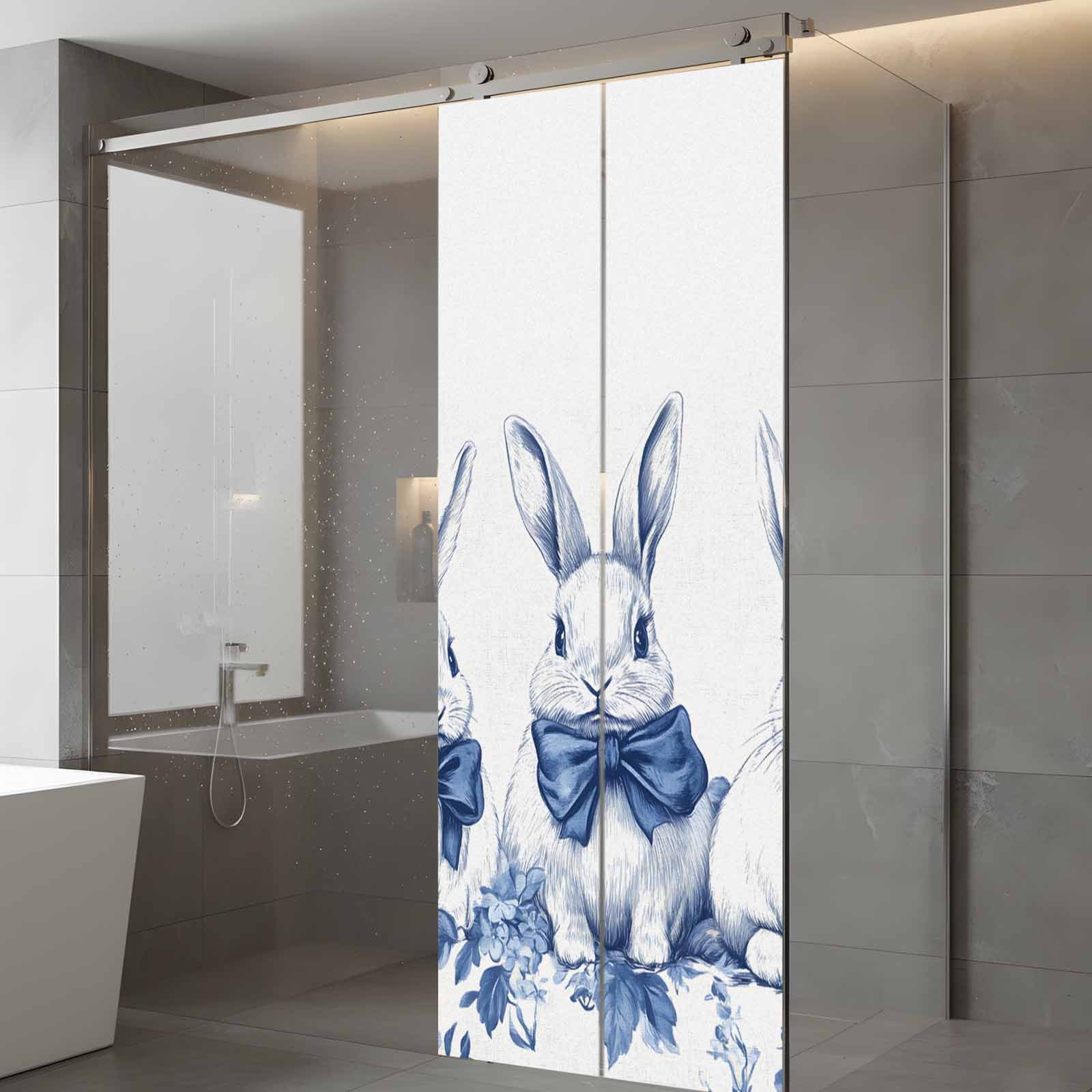 Easter Bunny Window Privacy Film, Simple Watercolor Blue Rabbits Country Spring Floral Leaf Frosted Glass Window Clings Static Cling UV Heat Blocking Reusable Door Sticker for Bathroom 23.6 x 59 Inch