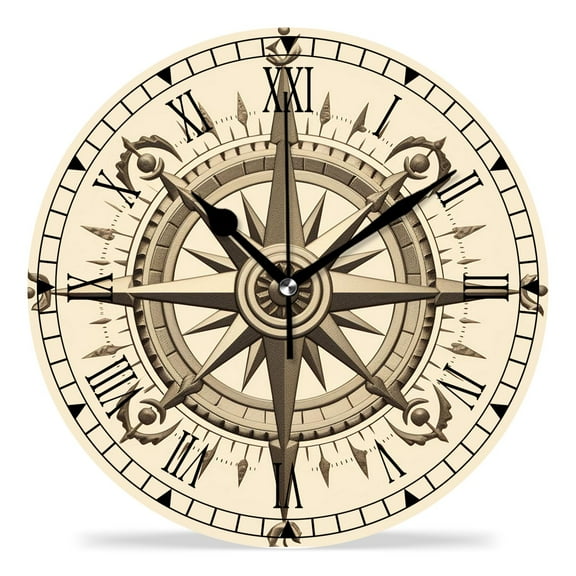 erolrail Rustic Wall Clock,Silent Non Ticking Wall Clocks for Living Room,Bedroom,Kitchen 12IN Vintage Compass Cute Drawing
