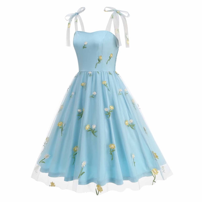 Stamzod Women Summer Floral Midi Dress formal Elegant Cocktail Swing Dresses Cute Tea Party Dress Blue E XL