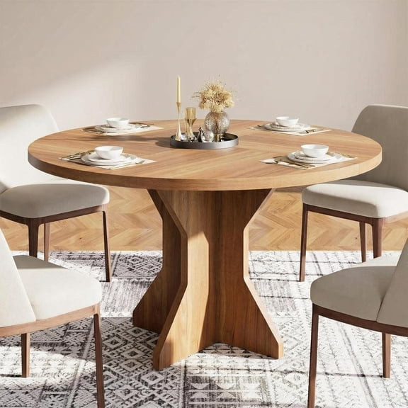 47 Inch Round Dining Table for 4-6 People, Modern Pedestal Kitchen Table with Unique K-Shaped Base, Space-Saving Circle Wood Table for Small Spaces, Easy Assembly Dining Room Furniture,Brown