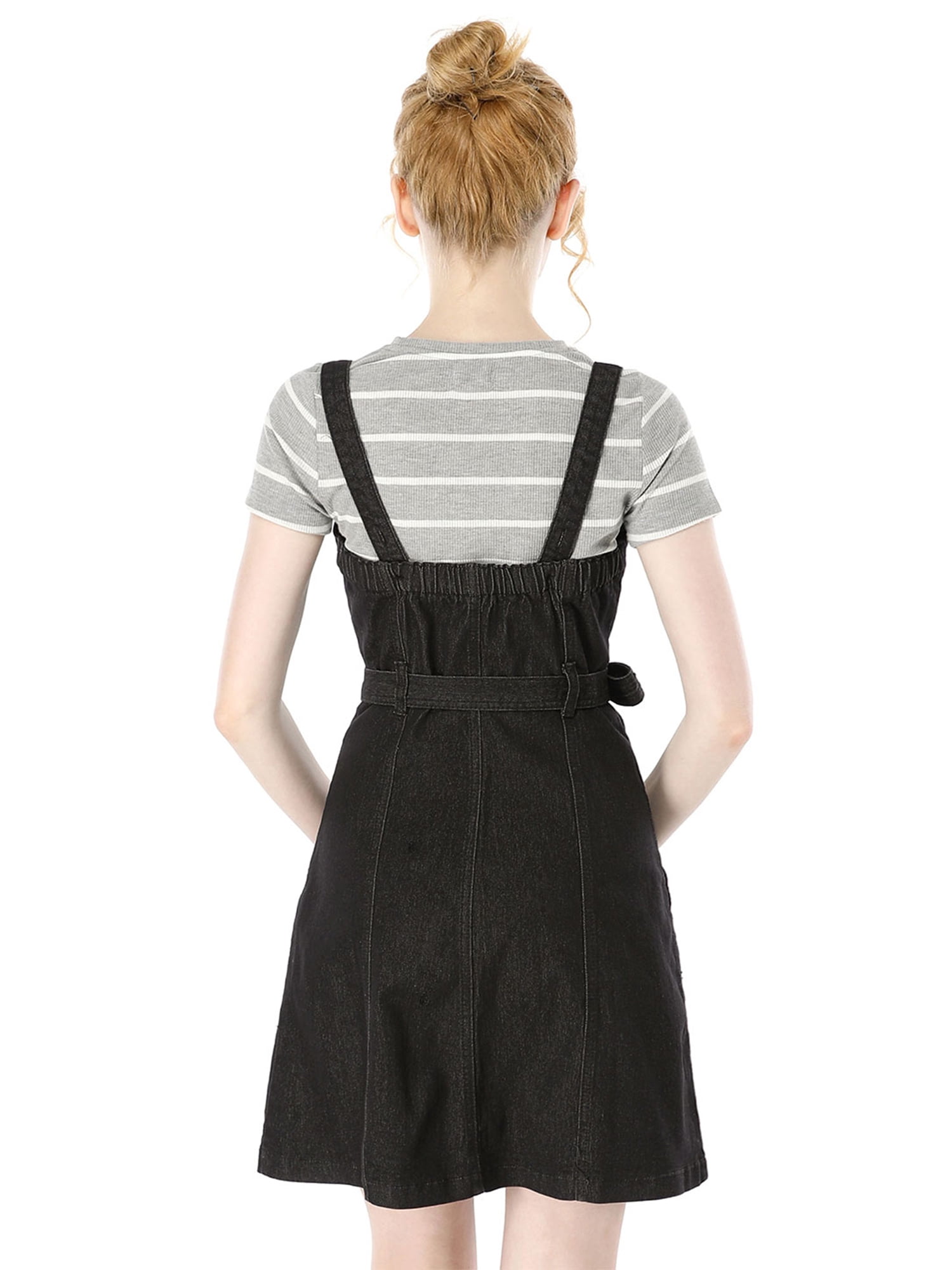 Unique Bargains Junior's Adjustable Strap a-Line Overall Denim Dress