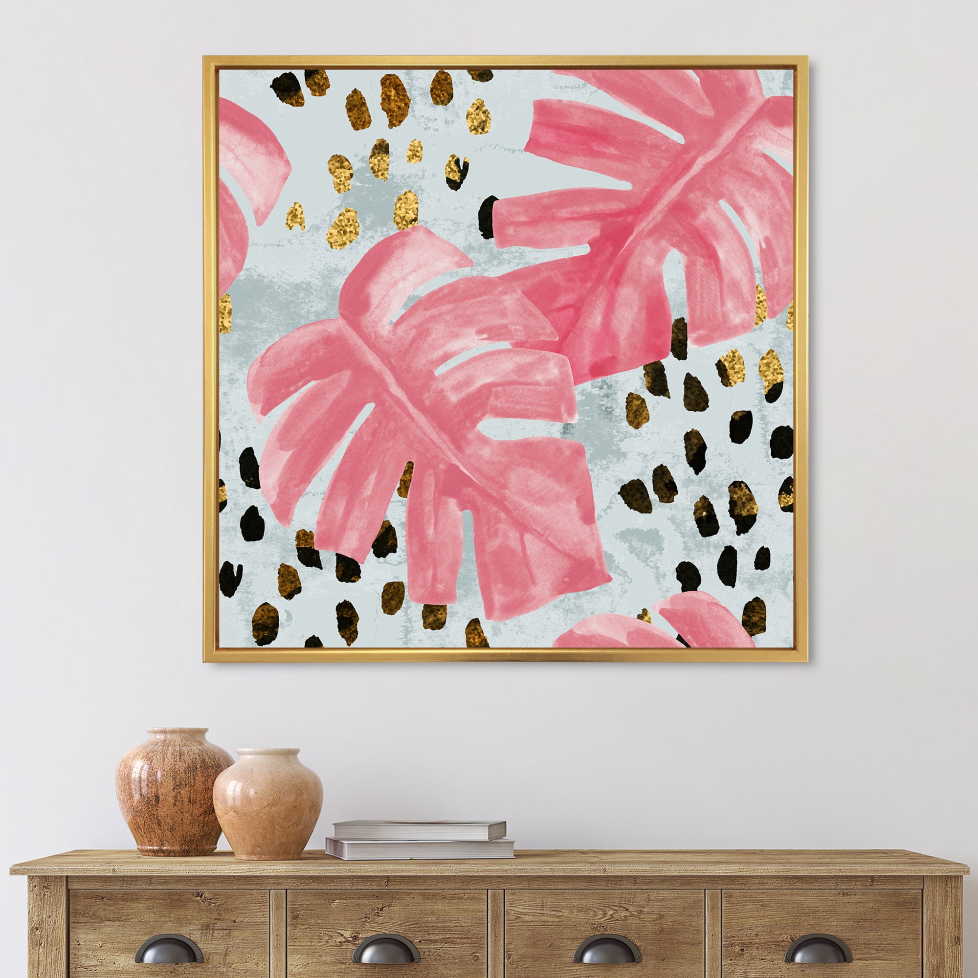 Designart 'Rough Brush Strokes Pink Colored Monstera II' Tropical Framed Canvas Wall Art Print
