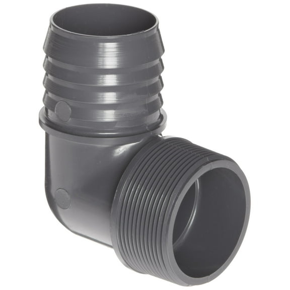 Dura 1413 Series PVC Tube Fitting, 90 Degree Elbow, Schedule 40, Gray, 2" Barbed x NPT Male