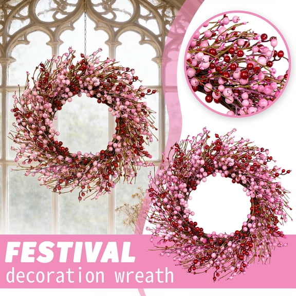 Valentines Day Wreath 22 Inch Valentines Day Wreaths for Front Door Artificial Valentine’s Day Door Wreath with Pink and Red Berries for Valentine's Day Anniversary Wedding Decor