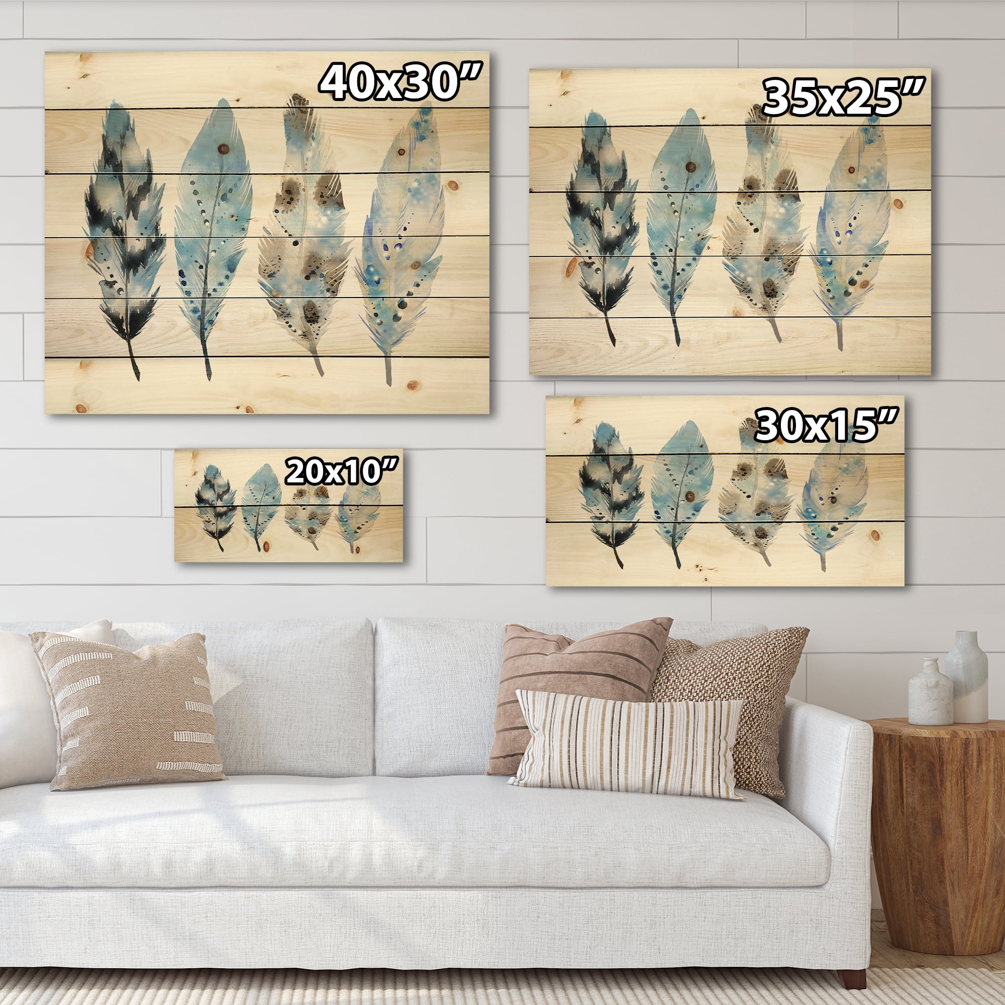 Designart 'Abstract Blue Boho Feathers I' Bohemian & Eclectic Print on Natural Pine Wood