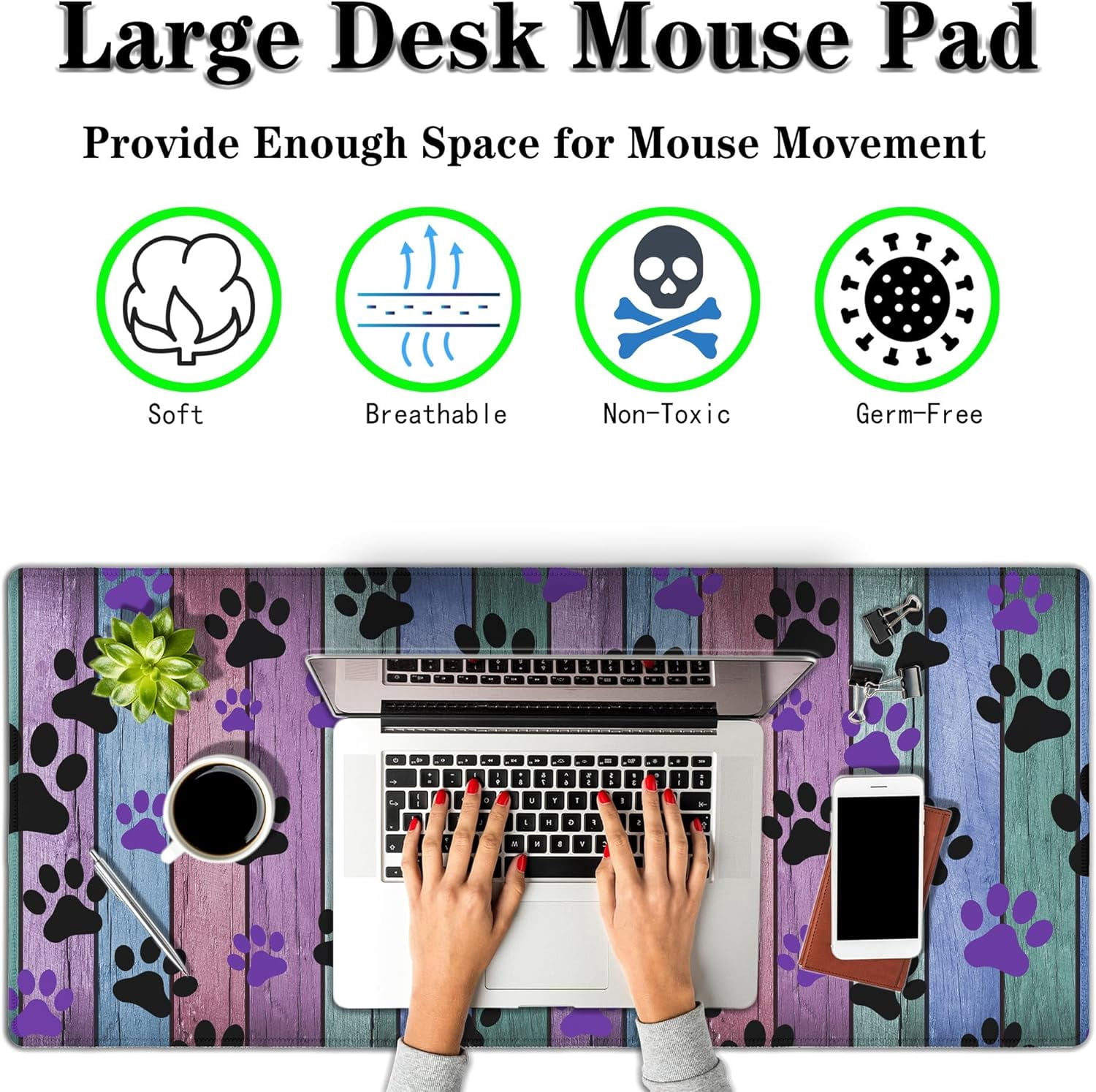 Gaming Mouse Pad Black and Purple, Big Mouse Pads Computer Desk Mat, Work Table Mat Non-Slip Rubber Base Waterproof with Stitched Edges, 35.4 X 15.7 inch for Work/Game/Office/Home Dog Paw