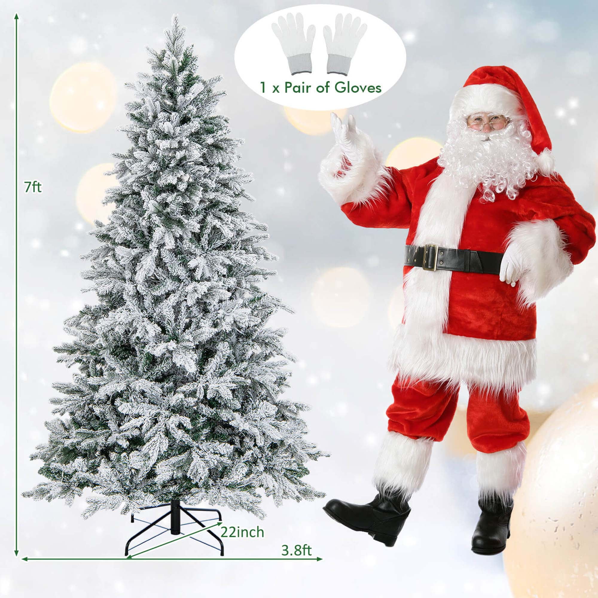 Costway 7 FT Pre-lit Xmas Tree Hinged with Flocked, 300 LED Lights