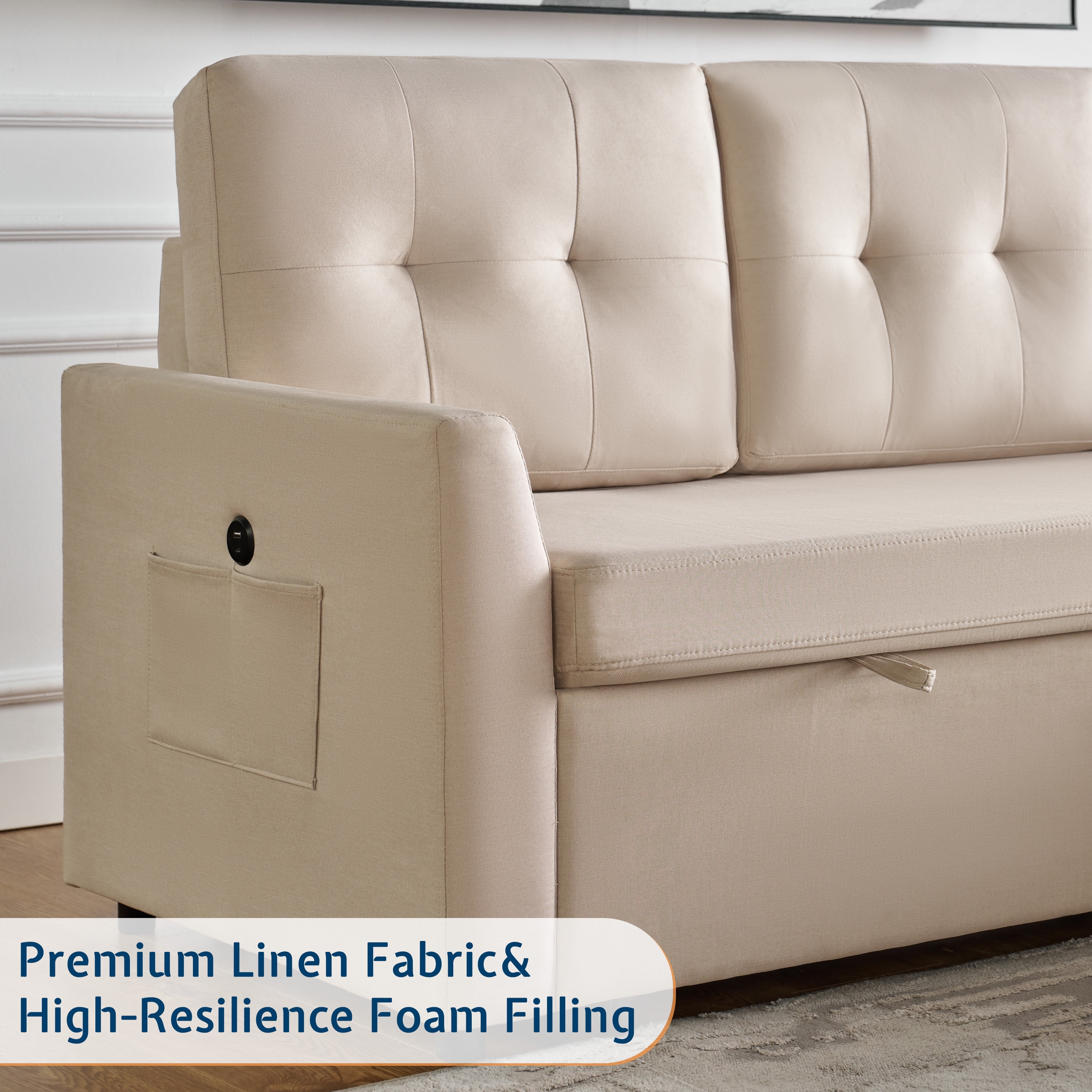 MERLUXY Sofa Bed, Reversible Pull Out Couch with Storage Chaise for living Room, 3 Seater, Beige