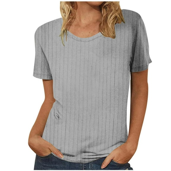 fatyb Tops Summer for Women Short Sleeve Round Neck Knitted Tee Shirts Solid Color Womens Casual Blouses