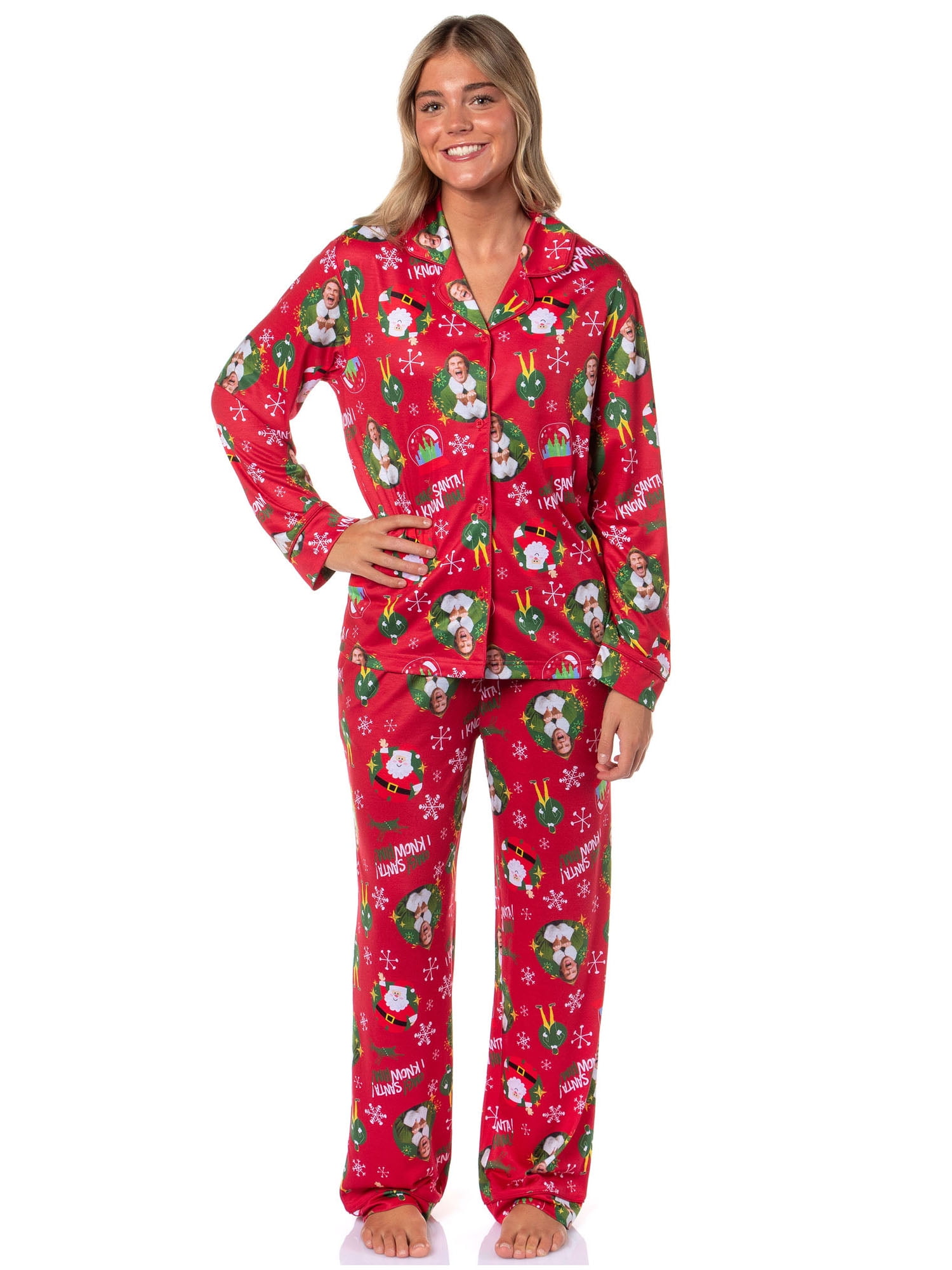 Elf The Movie Women's OMG! SANTA! I KNOW HIM! Christmas Sleep Collared Button Down Long-Sleeve Pajama Set