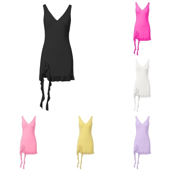 XIAONU Sleeveless Wrap Dress For Women Ruffle Hem Asymmetrical Slim Mini Dress
