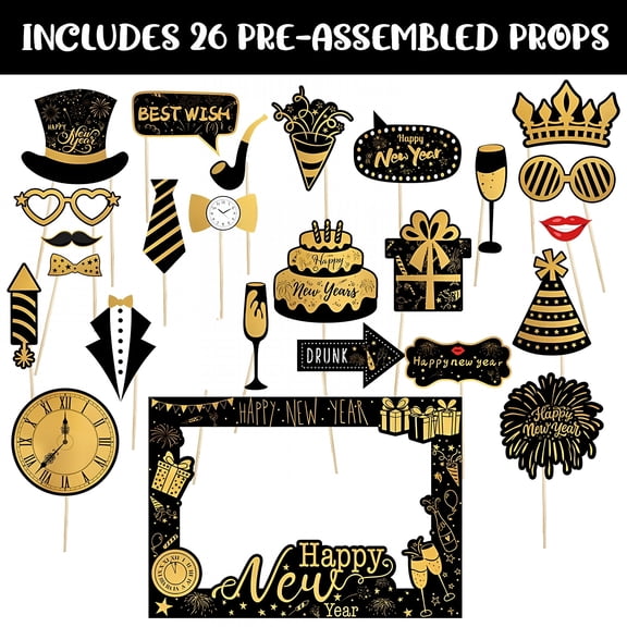 BESTSKY 2026 New Year Photo Booth Props Set 26 Pre Assembled Handheld Props for Nye Decor, Funny Selfie and Festive Celebration Party