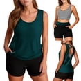 thumbnail image 2 of 3 Piece Tankini Suit For Women Sleeveless Stripes Halter High Waist Shorts With Backless Tops Quick Dry Swimwear (XXL, Green), 2 of 9