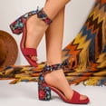 thumbnail image 4 of Sandals for Women Open Square Toe Heels Boho Print Chunky Block Heeled Ankle Strap Pumps Casual Beach Shoes Red Size 5, 4 of 7