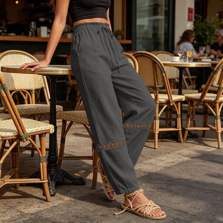 パンツ POEME BOHEMIAN sarrouel trousers linen Pounoo Linen Pants Women Elastic Waist Solid Color Floral