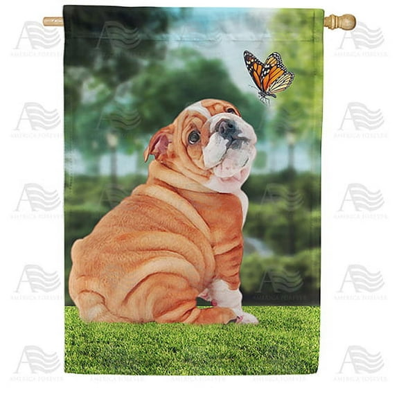 America Forever Spring Bulldog House Flag 28 x 40 inches Double Sided Happy Puppy, Butterfly, Cute Dog - Seasonal Yard Lawn Outdoor Decorative Summer Spring House Flag