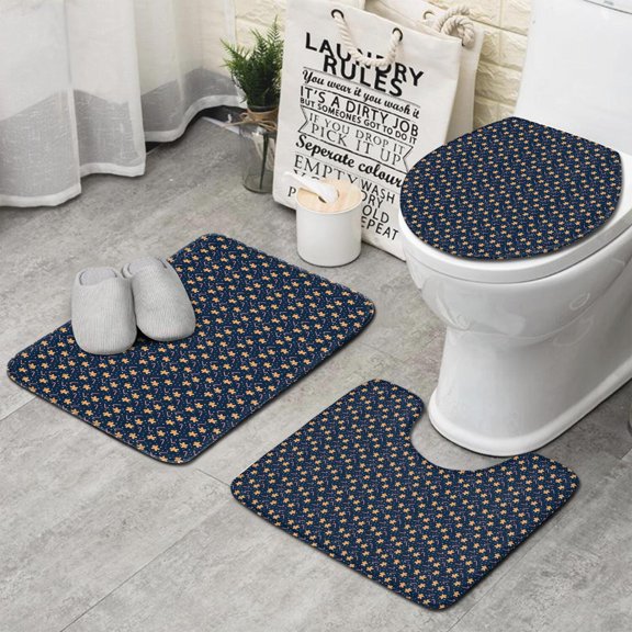 Dark Blue Christmas Gingerbread Pattern Bathroom Rugs Sets 3 Piece,Toilet Cover Set,Absorbent Non Slip Bathroom Mats Sets with U-Shaped Contour Rug Toilet Rug Set