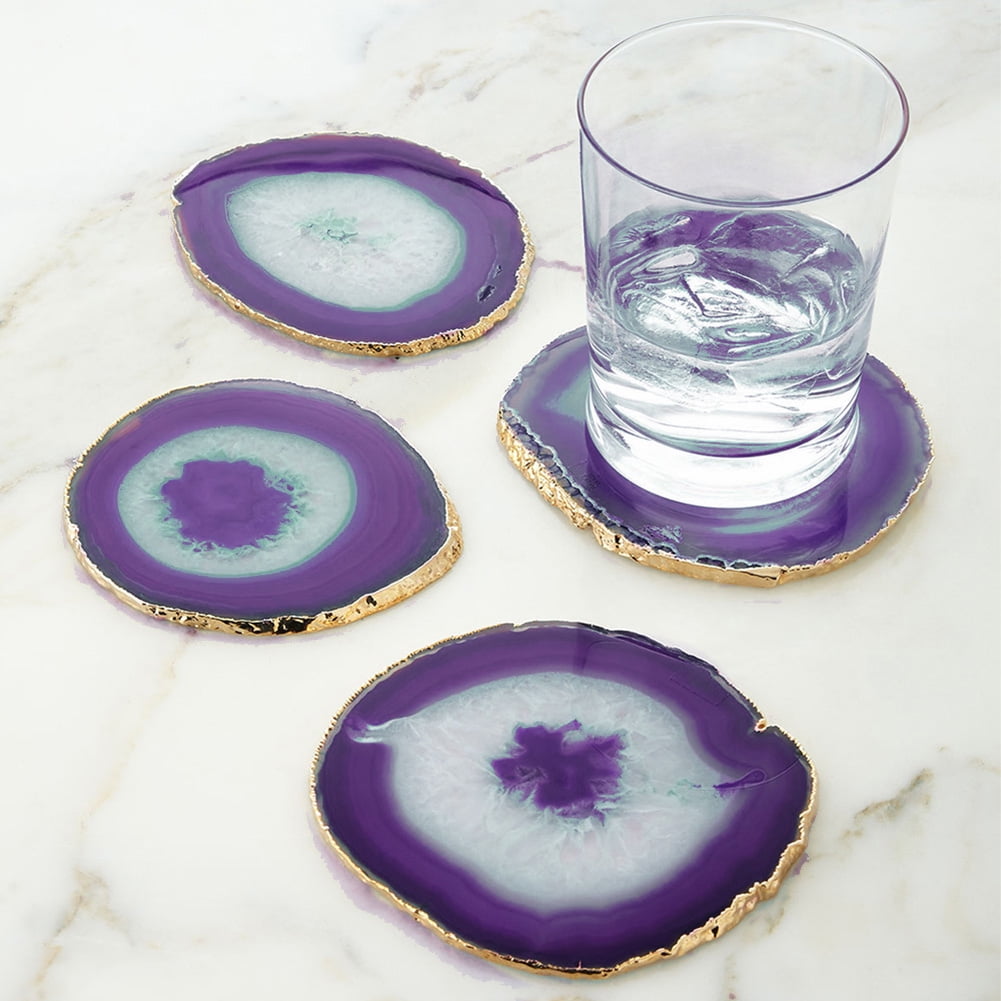 set of 4 Teal Agate Coaster Gold Rimmed Authentic Brazilian Agate Coasters 