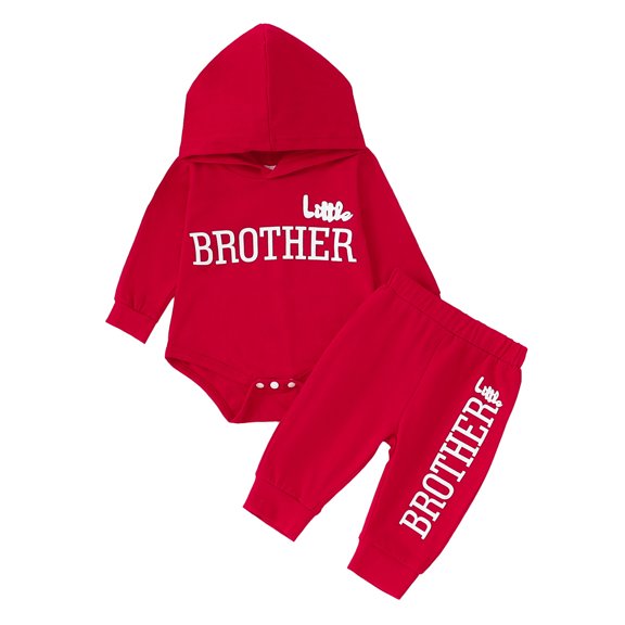 6 Months Baby Boys Clothes 9 Months Boys 2PCS Hoodie Romper Outfits Set Letter Print Infant Boys Long Sleeve Top Pants Set Red