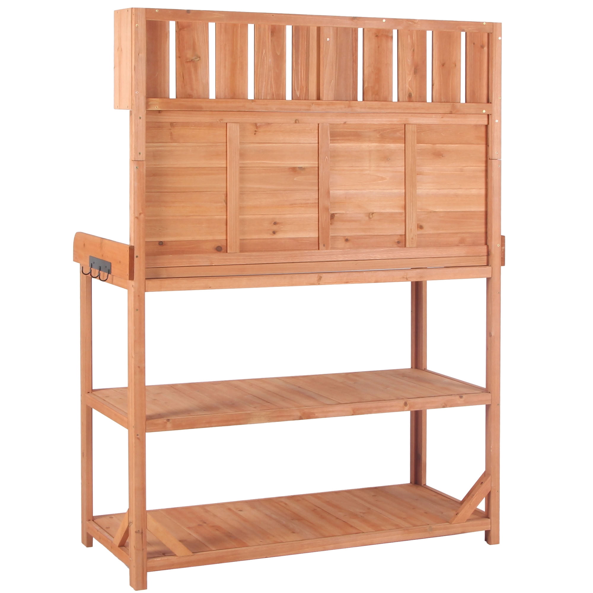 MAYEERTY 65" Tall Outdoor Wood Potting Bench, Rustic Garden Workstation with 4-Tier Storage Shelves, Side Hooks & Anti-Falling Device for Patio, Backyard