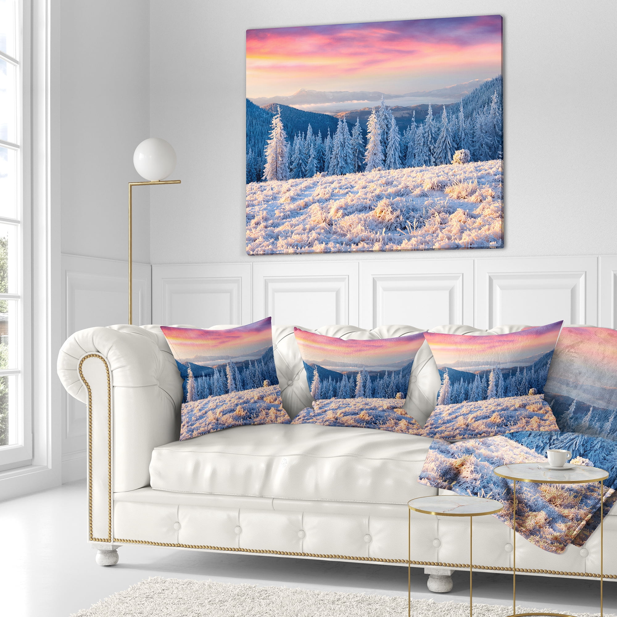 Designart Amazing Winter Sunrise in Mountains - Landscape Printed Throw Pillow - 18x18
