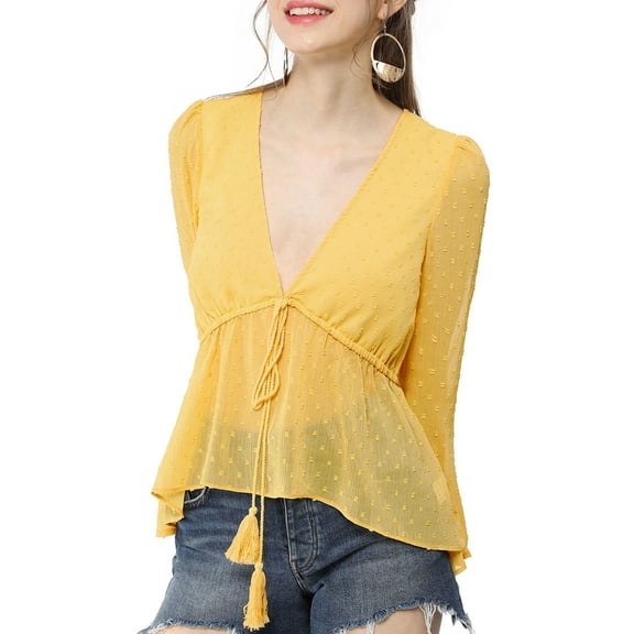INSPIRE CHIC Women's Deep V Neck Drawstring Swiss Long Sleeves Blouse Tops L Yellow