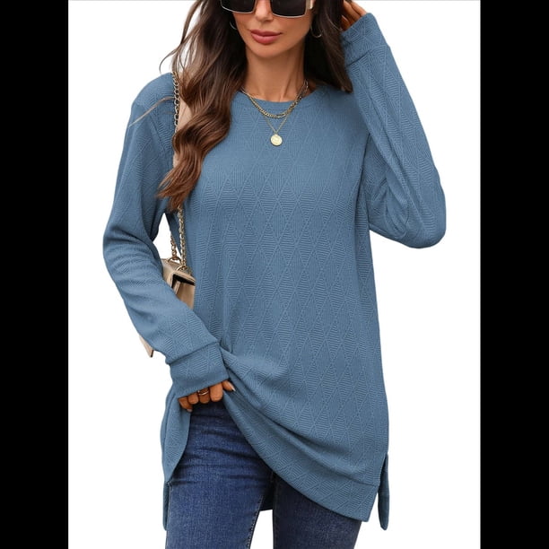 Camiseta Holgada de Larga con Cuello Redondo y Estampado Geométrico de Jacquard para Mujer, Ropa de Invierno 2025 Azul Profundo XL