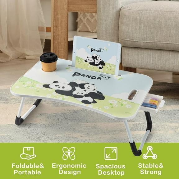 VUSIGN Foldable Lap Desk, 23.6 Inch Portable Laptop Bed Desk with Cup Holder Storage Drawer Tablet Slot, Laptop Bed Tray for Working Reading Writing Eating Bed Sofa Couch Floor