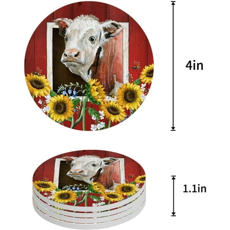 

KXMDXA Farm Cattle Red Barn and Summer Sunflower Set of 4 Round Coaster for Drinks Absorbent Ceramic Stone Coasters Cup Mat with Cork Base for Home Kitchen Room Coffee Table Bar Decor
