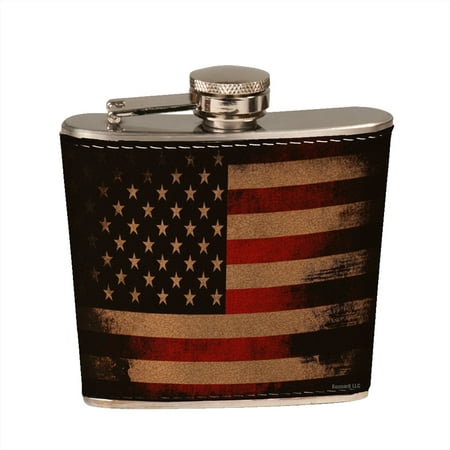 Leather Round Flask - KuzmarK 6 oz. Leather Pocket Hip Liquor Flask - American Flag