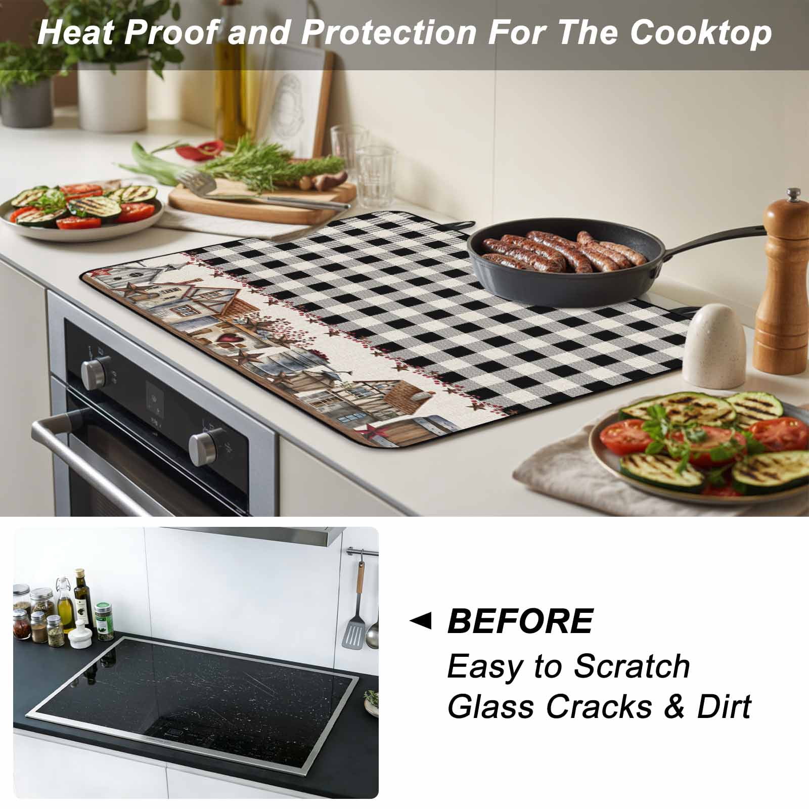 Farmhouse Stove Top Cover for Electric Stove, Heat-proof & Non Slip Glass Top Stove Cover Protector, American Country Star Barn Black Plaid Berry Kitchen Flat Cooktop Rubber Mat 24x21 Inches