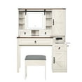 thumbnail image 4 of Farmhouse Wooden Vanity Desk with Sliding Mirror, Lights and Stool, Makeup Table with 4 Drawers, Glass Storage Desktop,Charging Station and 2 Cabinets for Bedroom, Dressing Room, 4 of 15