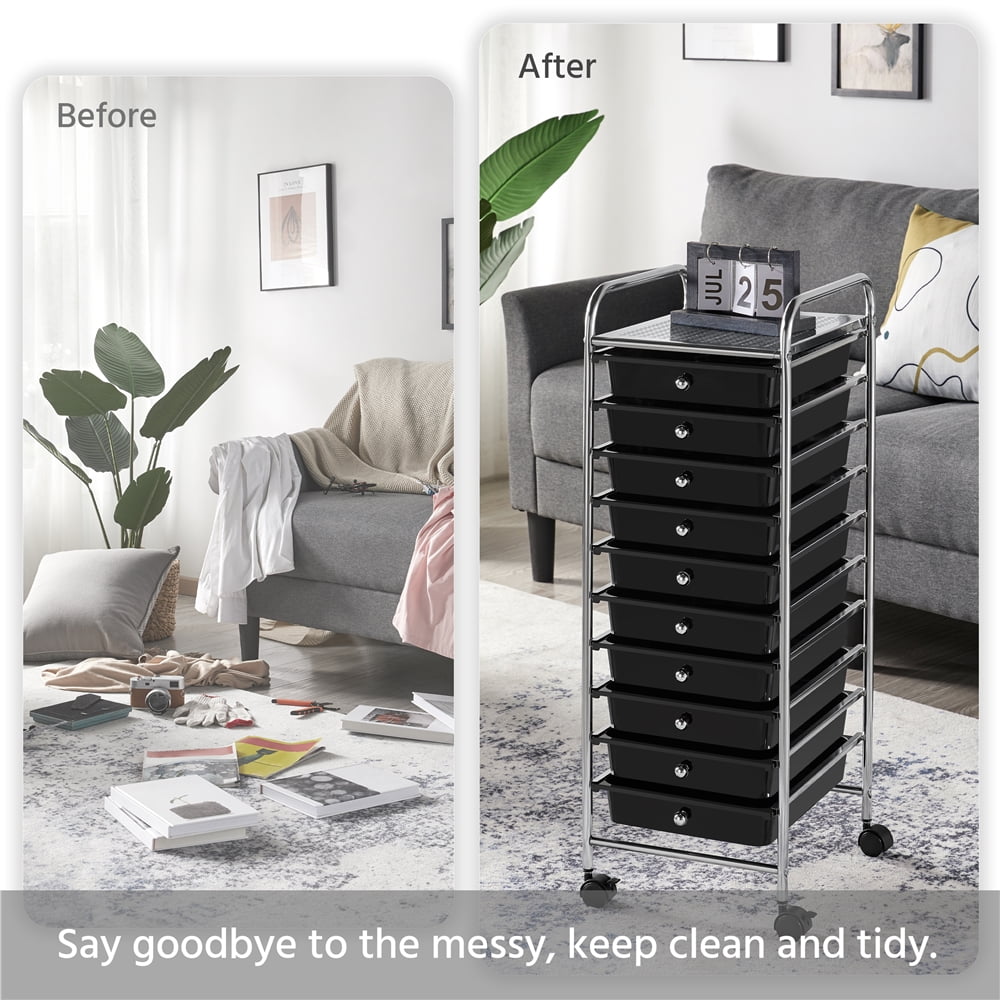 Alden Design 10 Drawer Rolling Storage Cart Organizer with Lockable Wheels, Black