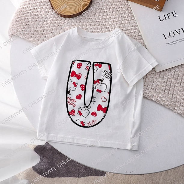 Camiseta de Hello Kitty para niños y niñas, playera Kawaii con combinación de letras y nombres, ropa informal con dibujos animados de Anime