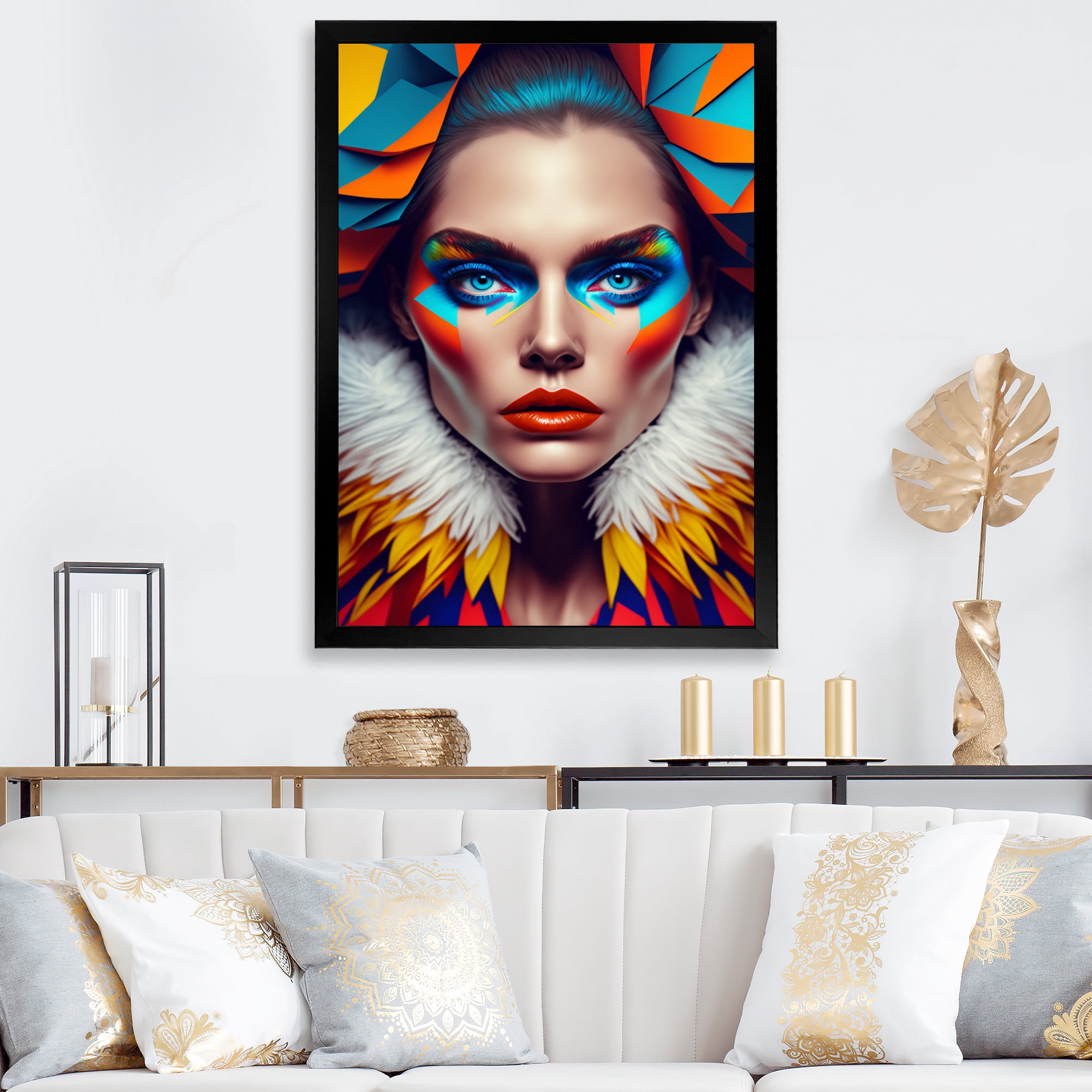 Designart Colorful Sensual Woman In Fur Coat I Framed Wall Art
