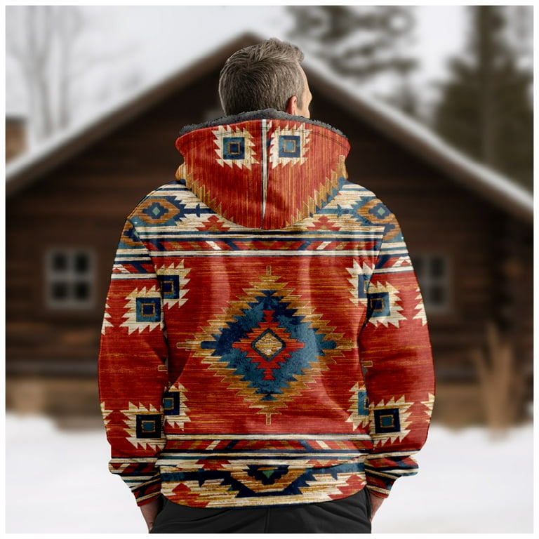 ZCFZJW Mens Flannel Hoodie Jacket Fleece Lined Ethnic Style Western Aztec Print Shirt Plaid Zip Up Sherpa Hooded Sweatshirt Warm Winter Coat Orange