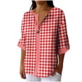 thumbnail image 3 of Craaazy Women Plus Size Tops Loose Fit Plaid V Neck Single Button 3/4 Sleeve Casual Shirts for Daily Wear Gift, 3 of 5