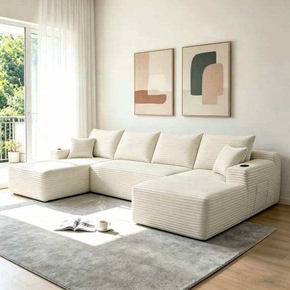 Cloud Sectional Sofa 133 Inch U-Shape Chaise with Side Pockets and Cup Holder Modular Couch for Living Room Bedroom No Assembly, Beige