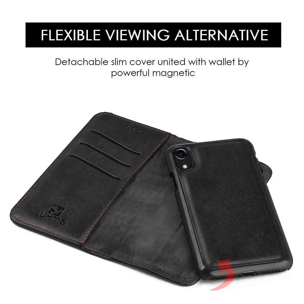 BUNDLE PACK: Vegan Leather Wallet Flip Case with Kickstand & Credit Card Slots (Black) Includes Tempered Glass Screen Protector for Apple iPhone XR