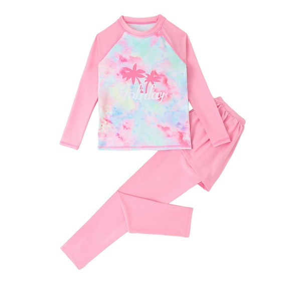 MEZZALL Maillots de Bain Deux Pièces pour Filles Enfants Manches Longues Maillot Dermoprotecteur + Maillots de Bain Hawaïens, 9-10 Ans