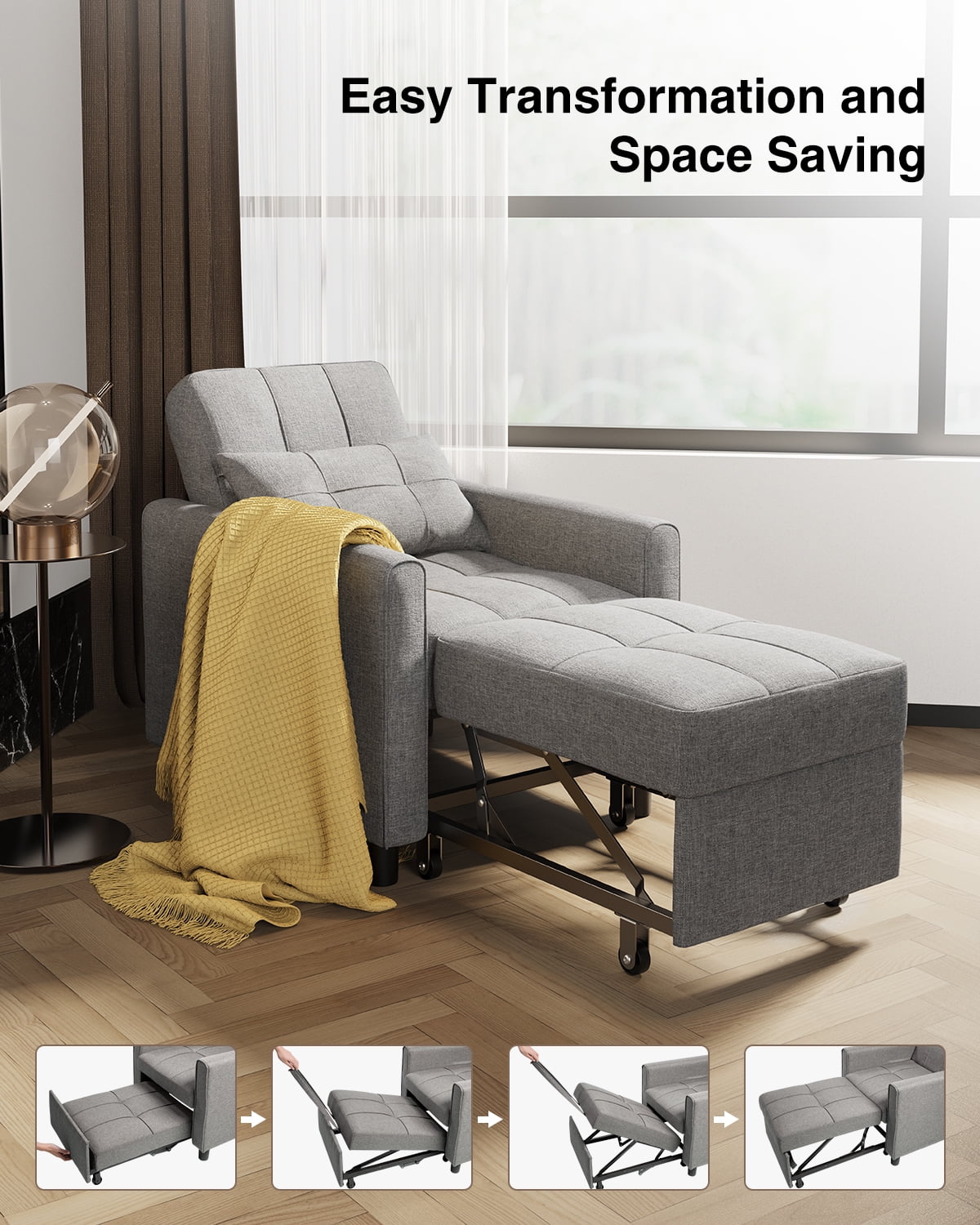 Aiho 3 in 1 Convertible Futon Sofa Bed, Folding Sleeper Chair with Adjustable Backrest, Perfect for Living Room, Small Spaces, Light Gray